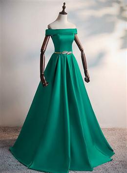 Picture of Green Satin A-line Long Off Shoulder Simple Prom Dresses, Green Formal Dresses Evening Dresses